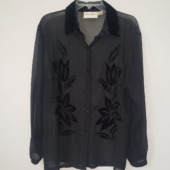 Black Sheer Velvet Burnout Top Womens L Dark Floral Fairy Grunge Whimsigoth Boxy - Picture 1 of 10